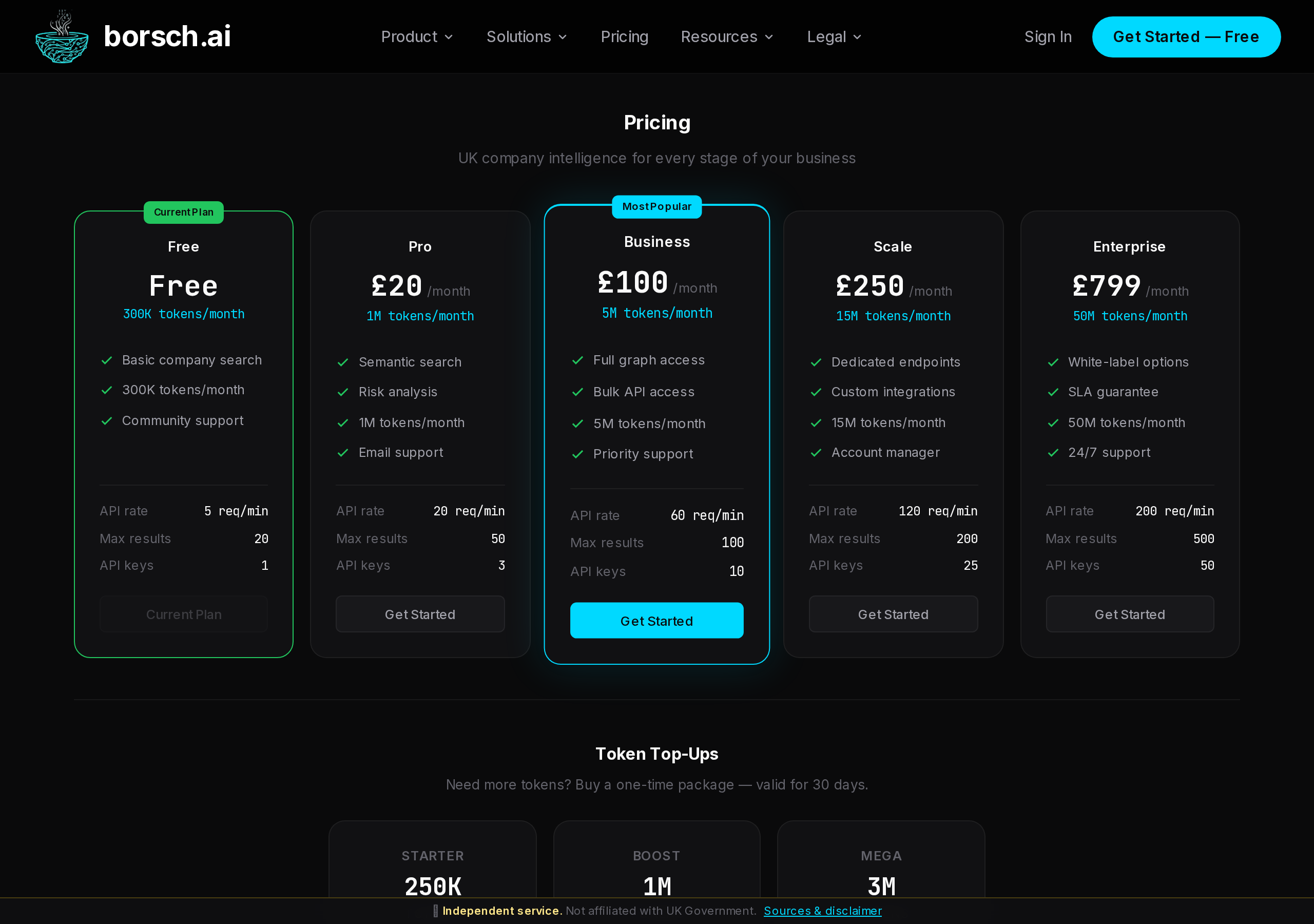 Pricing page showing Free, Pro, Business, Scale, and Enterprise plans with token limits and API rate details